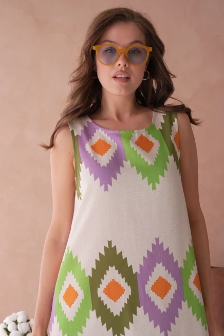 Otantik Desenli Volanlı Salaş Dokuma Elbise