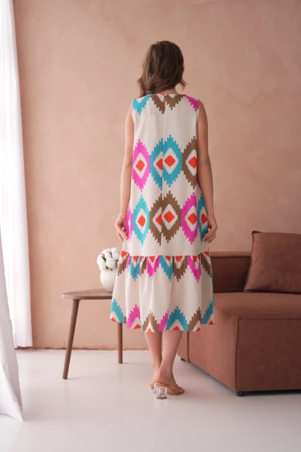 Otantik Desenli Volanlı Salaş Dokuma Elbise