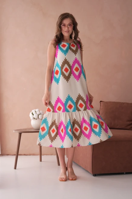 Otantik Desenli Volanlı Salaş Dokuma Elbise