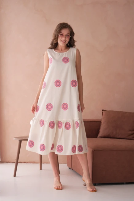 Nakışlı Volanlı Salaş Dokuma Elbise