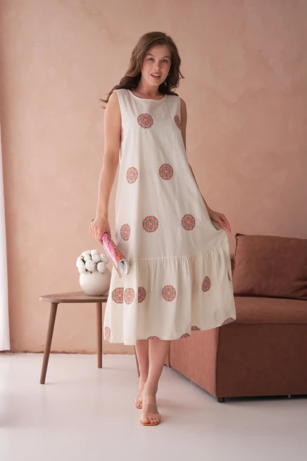 Nakışlı Volanlı Salaş Dokuma Elbise