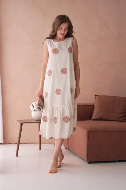 Nakışlı Volanlı Salaş Dokuma Elbise