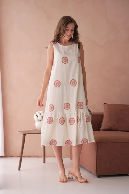 Nakışlı Volanlı Salaş Dokuma Elbise