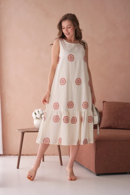 Nakışlı Volanlı Salaş Dokuma Elbise