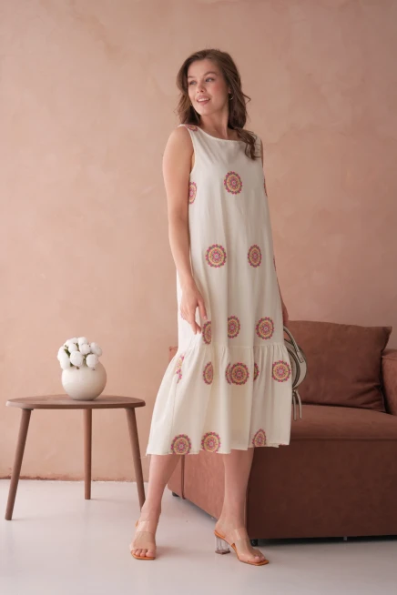 Nakışlı Volanlı Salaş Dokuma Elbise