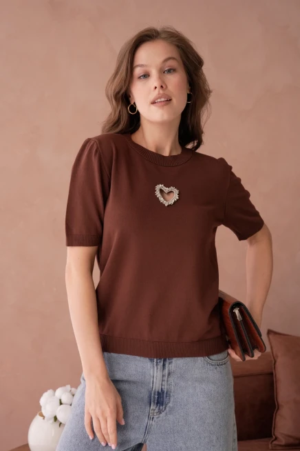 Taş Aksesuar Detaylı Kısa Kol Merserize Kazak