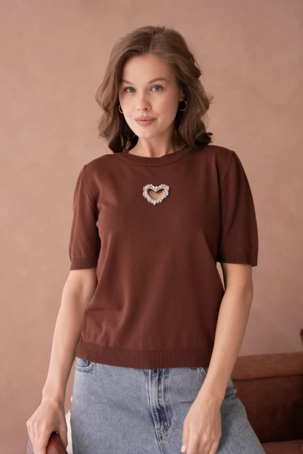 Taş Aksesuar Detaylı Kısa Kol Merserize Kazak