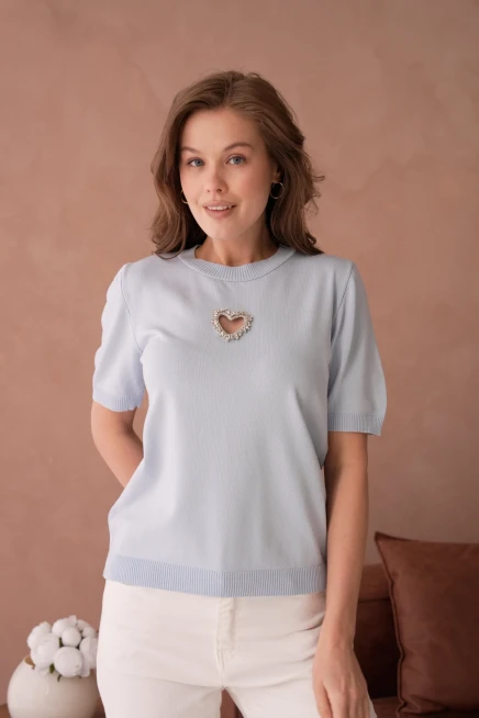 Taş Aksesuar Detaylı Kısa Kol Merserize Kazak