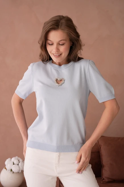 Taş Aksesuar Detaylı Kısa Kol Merserize Kazak