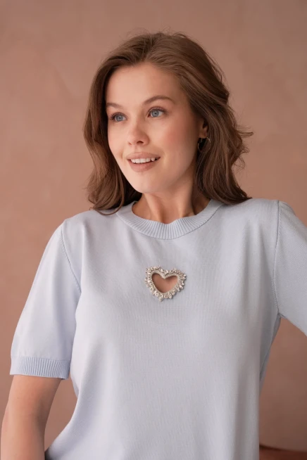 Taş Aksesuar Detaylı Kısa Kol Merserize Kazak