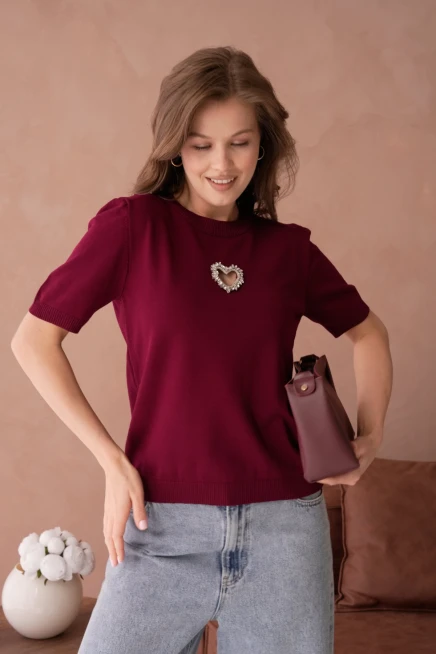 Taş Aksesuar Detaylı Kısa Kol Merserize Kazak