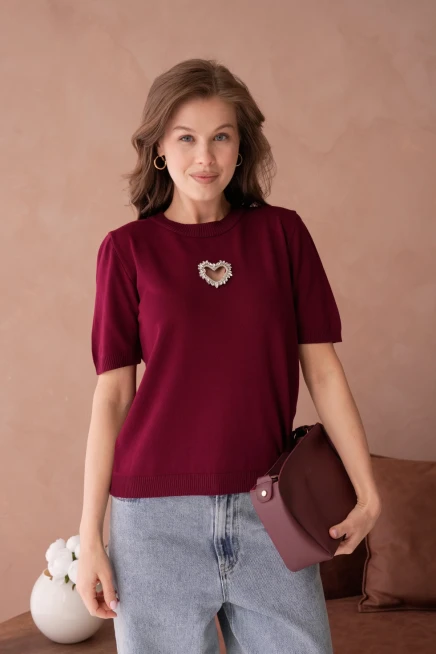 Taş Aksesuar Detaylı Kısa Kol Merserize Kazak