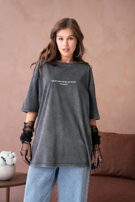 Yıkamalı Baskı Detay Salaş Basic T-Shirt