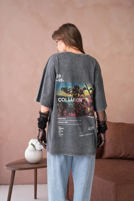 Yıkamalı Baskı Detay Salaş Basic T-Shirt