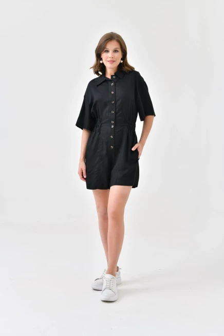 Kadın Düşük Kollu Bel Lastikli Düğme Detay Tencel Tulum