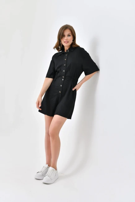 Kadın Düşük Kollu Bel Lastikli Düğme Detay Tencel Tulum