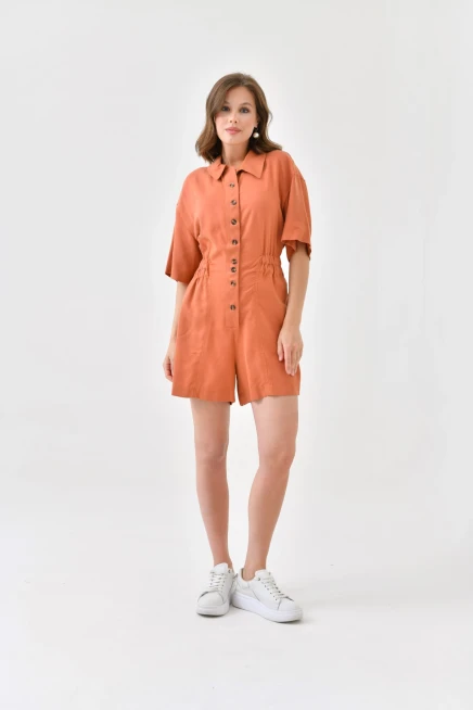 Kadın Düşük Kollu Bel Lastikli Düğme Detay Tencel Tulum