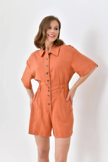 Kadın Düşük Kollu Bel Lastikli Düğme Detay Tencel Tulum