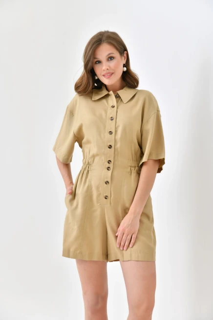 Kadın Düşük Kollu Bel Lastikli Düğme Detay Tencel Tulum