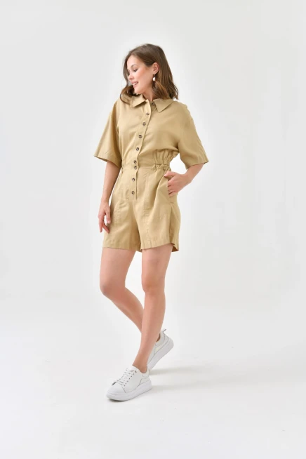 Kadın Düşük Kollu Bel Lastikli Düğme Detay Tencel Tulum