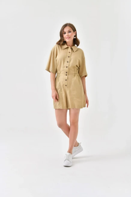 Kadın Düşük Kollu Bel Lastikli Düğme Detay Tencel Tulum