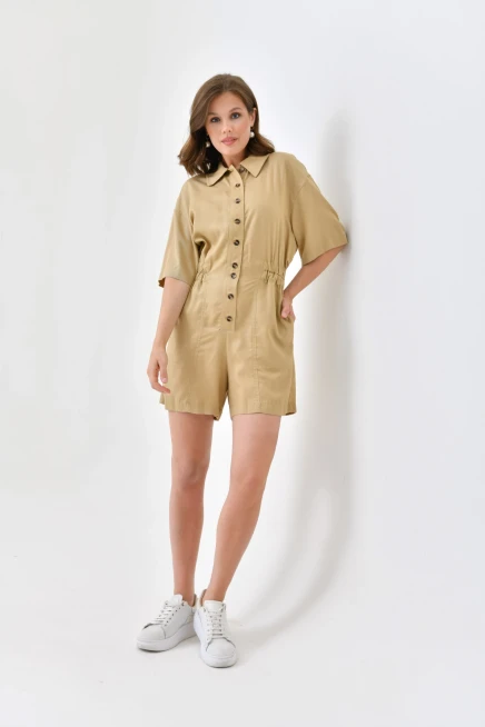 Kadın Düşük Kollu Bel Lastikli Düğme Detay Tencel Tulum