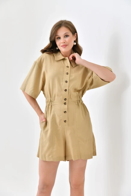 Kadın Düşük Kollu Bel Lastikli Düğme Detay Tencel Tulum