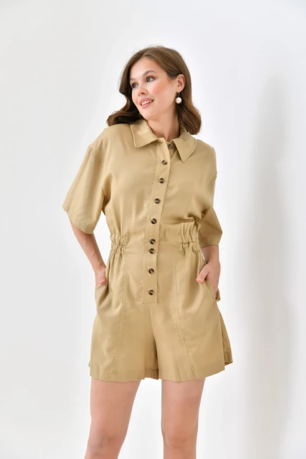 Kadın Düşük Kollu Bel Lastikli Düğme Detay Tencel Tulum