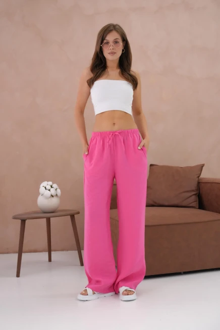 Yüksek Bel Lastikli Bol Paça Palazzo Dokuma Pantolon