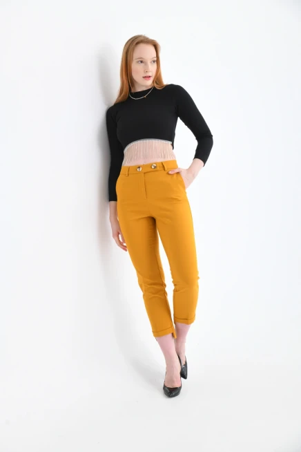 Kadın Hardal Paça Detaylı Kumaş Pantolon