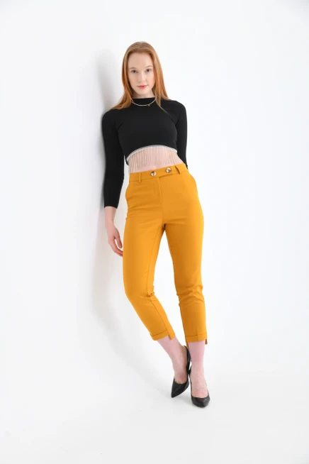 Kadın Hardal Paça Detaylı Kumaş Pantolon