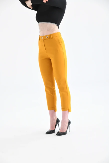 Kadın Hardal Paça Detaylı Kumaş Pantolon