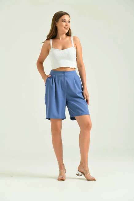 Kadın Indıgo Uzun Basic Kumaş Şort