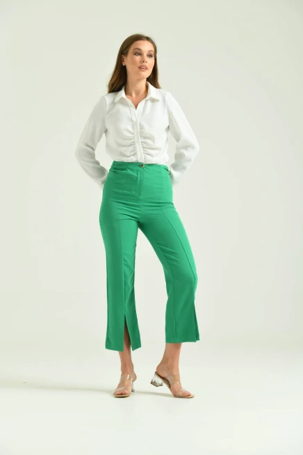 Kadın Koyu Yeşil Beli Büzgülü Paça Detay Kumaş Pantolon