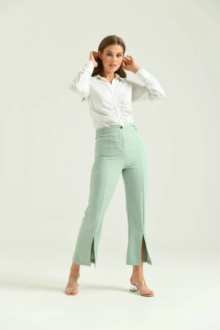 Kadın Mint Beli Büzgülü Paça Detay Kumaş Pantolon