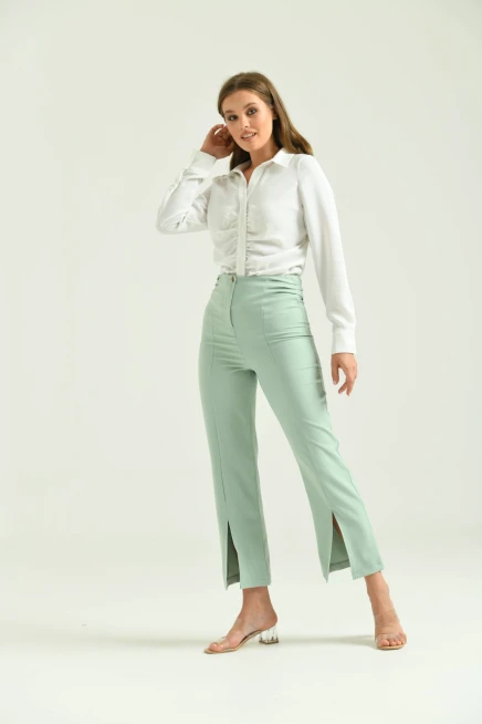 Kadın Mint Beli Büzgülü Paça Detay Kumaş Pantolon