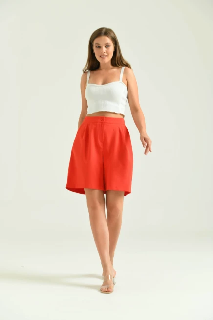 Kadın Nar Uzun Basic Kumaş Şort