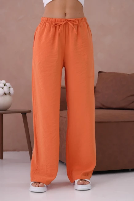 Yüksek Bel Lastikli Bol Paça Palazzo Dokuma Pantolon