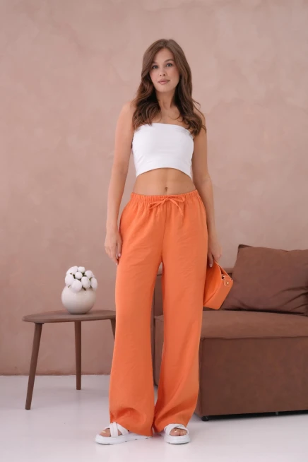 Yüksek Bel Lastikli Bol Paça Palazzo Dokuma Pantolon