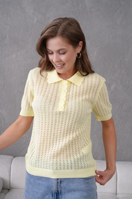 Polo Yaka Ajurlu Kısa Kol Polo Triko Kazak