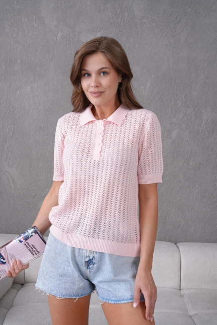 Polo Yaka Ajurlu Kısa Kol Polo Triko Kazak