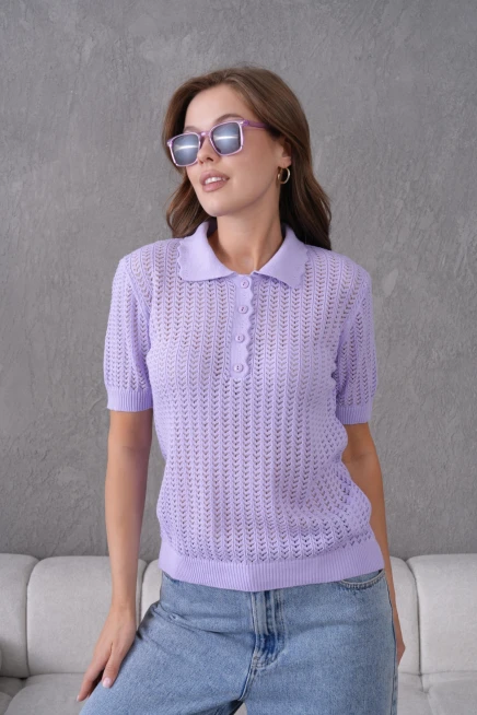 Polo Yaka Ajurlu Kısa Kol Polo Triko Kazak