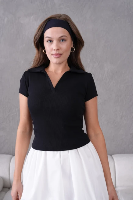 Polo Yaka Büzgü Detay Kısa Kol Slim Fit Kaşkorse Basic T-Shirt