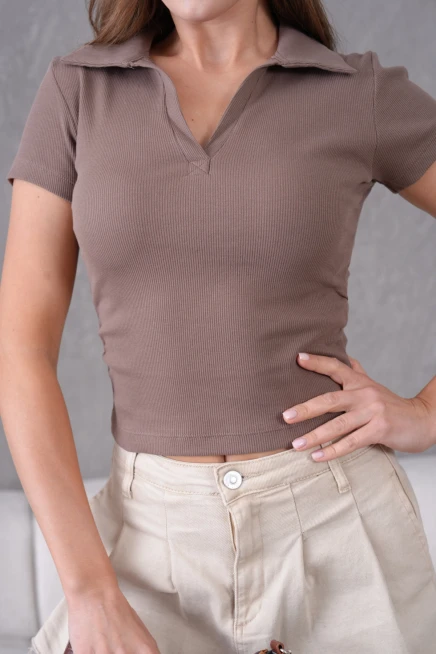 Polo Yaka Büzgü Detay Kısa Kol Slim Fit Kaşkorse Basic T-Shirt