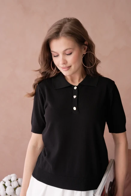 Polo Yaka Düğme Detaylı Triko Kazak