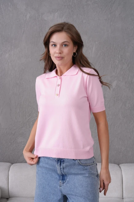 Polo Yaka Düğme Detaylı Triko Kazak