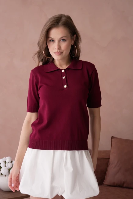 Polo Yaka Düğme Detaylı Triko Kazak