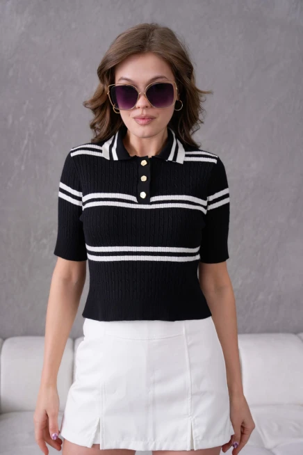 Kısa Kol Çizgili Viscon Triko Kazak