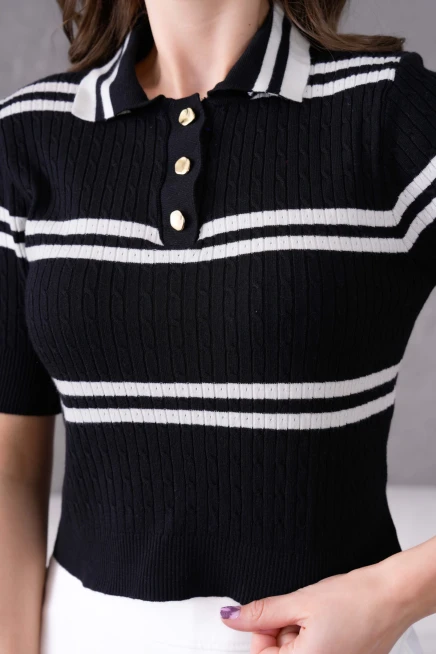 Kısa Kol Çizgili Viscon Triko Kazak