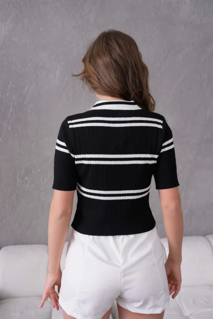 Kısa Kol Çizgili Viscon Triko Kazak